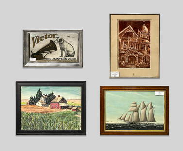 Victor Mirror, Dan Wiesendanger, C. J. Guise: Including a Victor mirror, a House on Bonnie Brae etching by Dan Wiesendanger, a Farm Scene watercolor painting by Dan Wiesendanger, a Ship Osprey Oil Painting by Christopher J. Guise. 27.5inch W, 21.