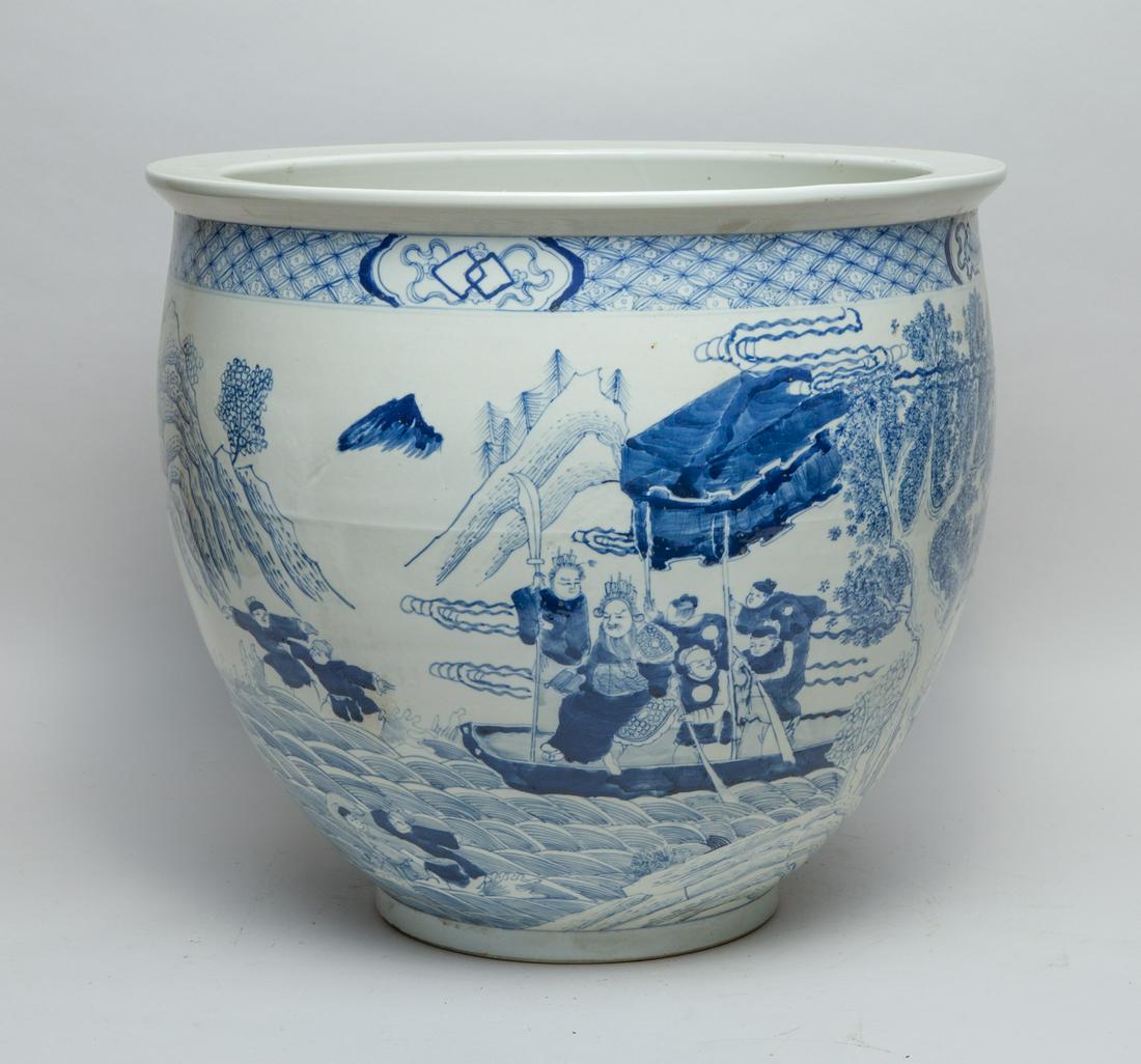 Massive Chinese Blue & White Porcelain Pot: Of tapered ovoid form, the exterior painted with a continuous scene of figures in landscape. 16.2inch W, 14.5inch H.