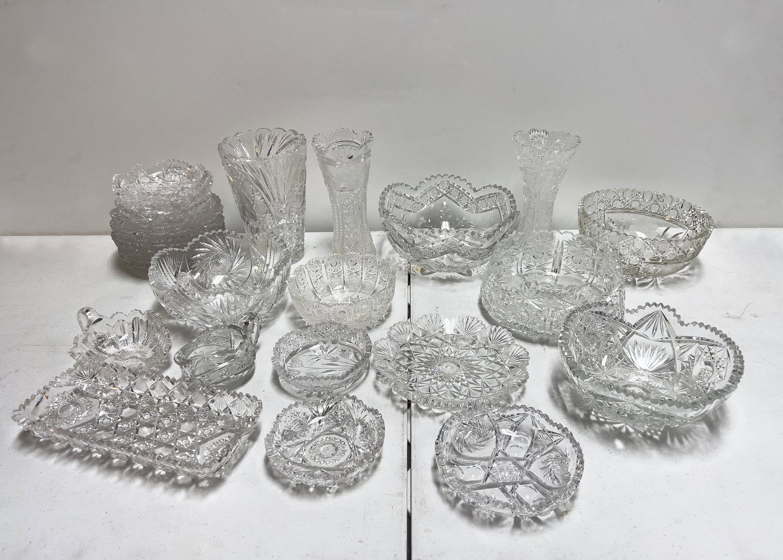 American Brilliant Type Cut Crystal Glass Wares: Including crystal glass cut bowls, vases and ashtrays. Approx. 9.5-9.5-4inch (largest)