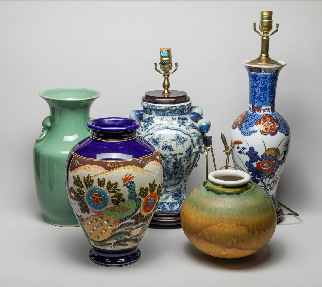 Collectible Porcelain Lamps & Decors: Five porcelains including a Imari poecelain v ase lamp, a blue & white porcelain lamp, a celadon glazed porcelain vase, a famille rose vase and a jar. 18 inch H, (largest vase w/ stand).