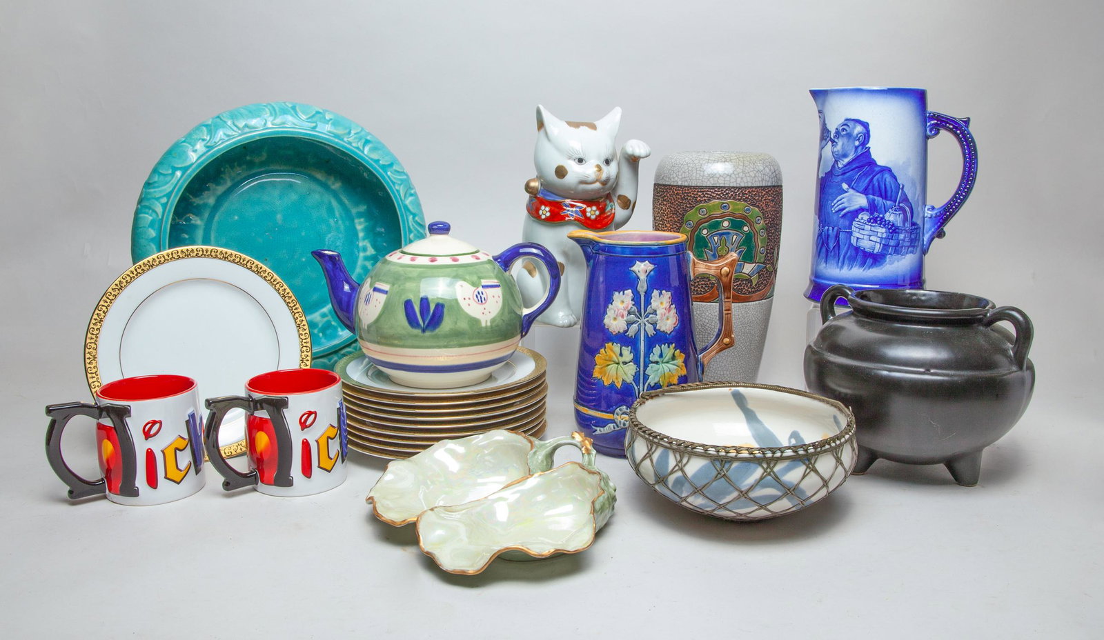 Collectible Vintage Porcelain Sets: Including porcelain plates, pots, mugs, jars and sculptures. Approx. 12.5inch W, 3inch H (largest).