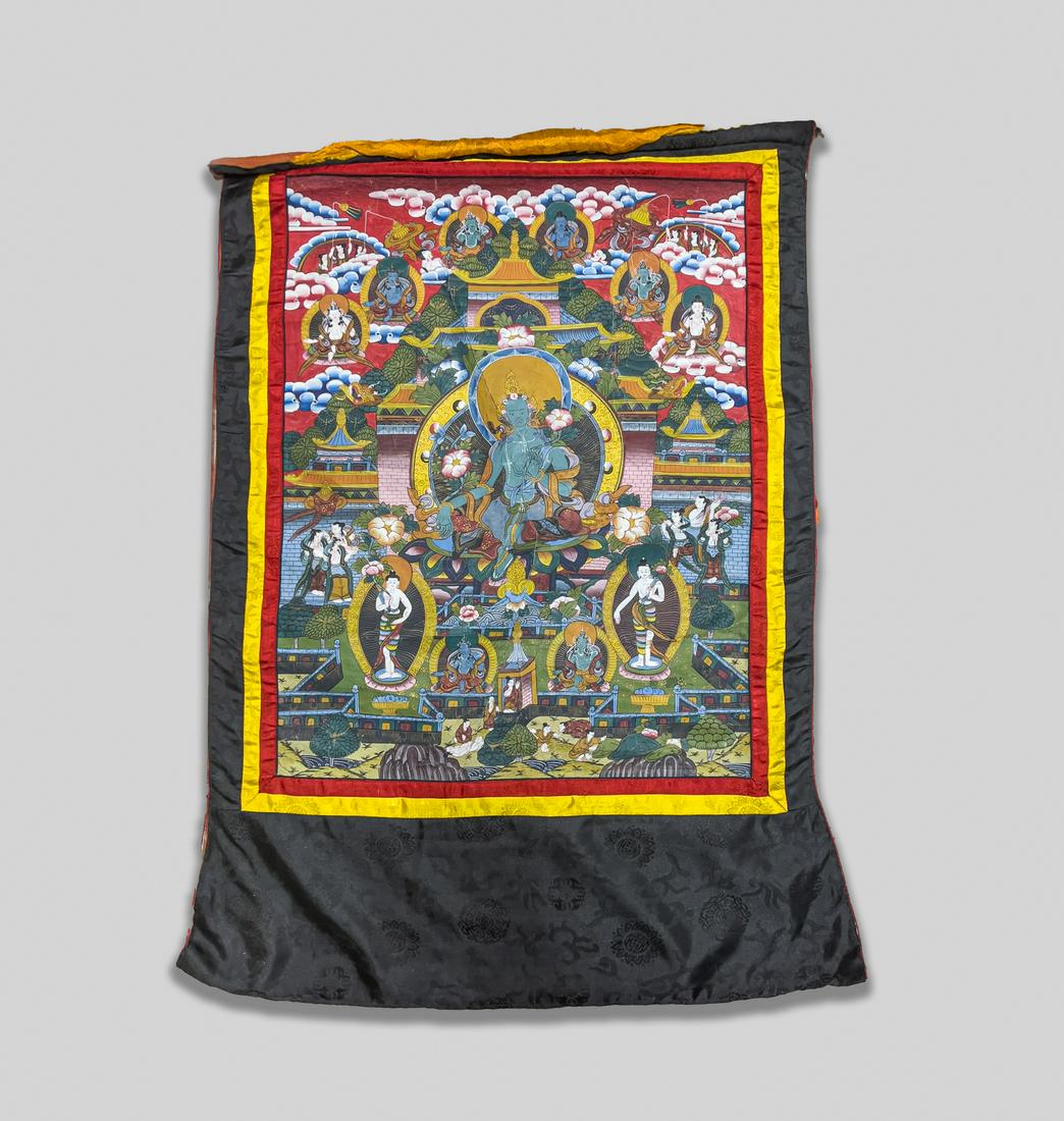 Chinese Sino-Tibetan Tangka: Collectible Chinese Sino-Tibetan hand painted tangka, depicting Buddha amid terraces, trees and clouds. 28.5inch L, 22inch W (tangka only).