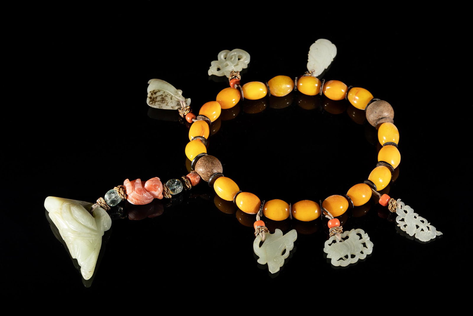 Chinese Manchu Amber, Jade Prayer Beads (1 of 14)