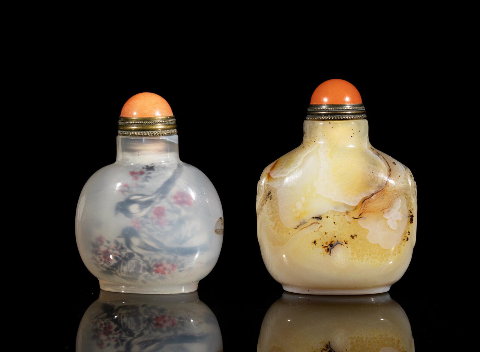 Two Special Chinese Agate Snuff Bottle: One of bulbous form painted the inside with flowers and birds, the other of rounded square form carved with a pair of faux-ring mask handles, each with a stopper. 2.6inch H, 1.95inch W (larger).