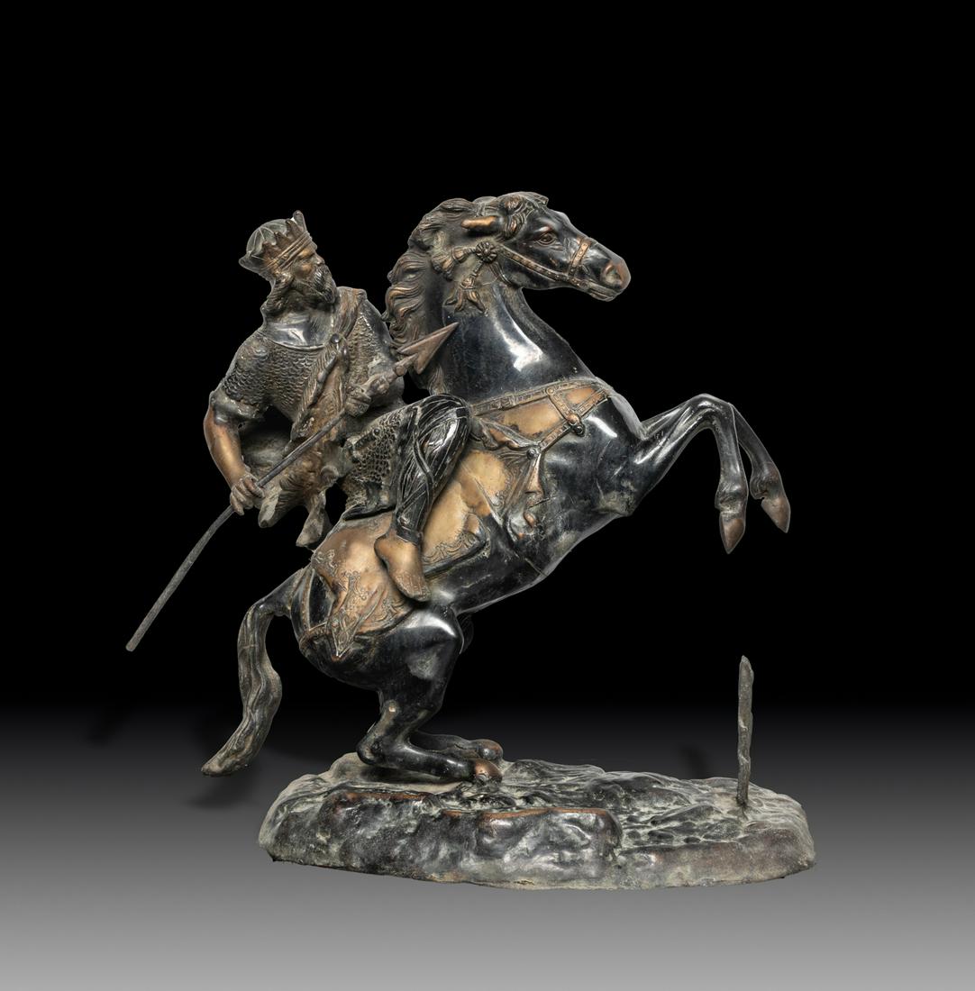 Collectible Bronze Sculpture of Warrior: Modeled as a warrior riding on a horse with hands holding a long spear. 17.2inch H, 16inch L, 7.8inch W.