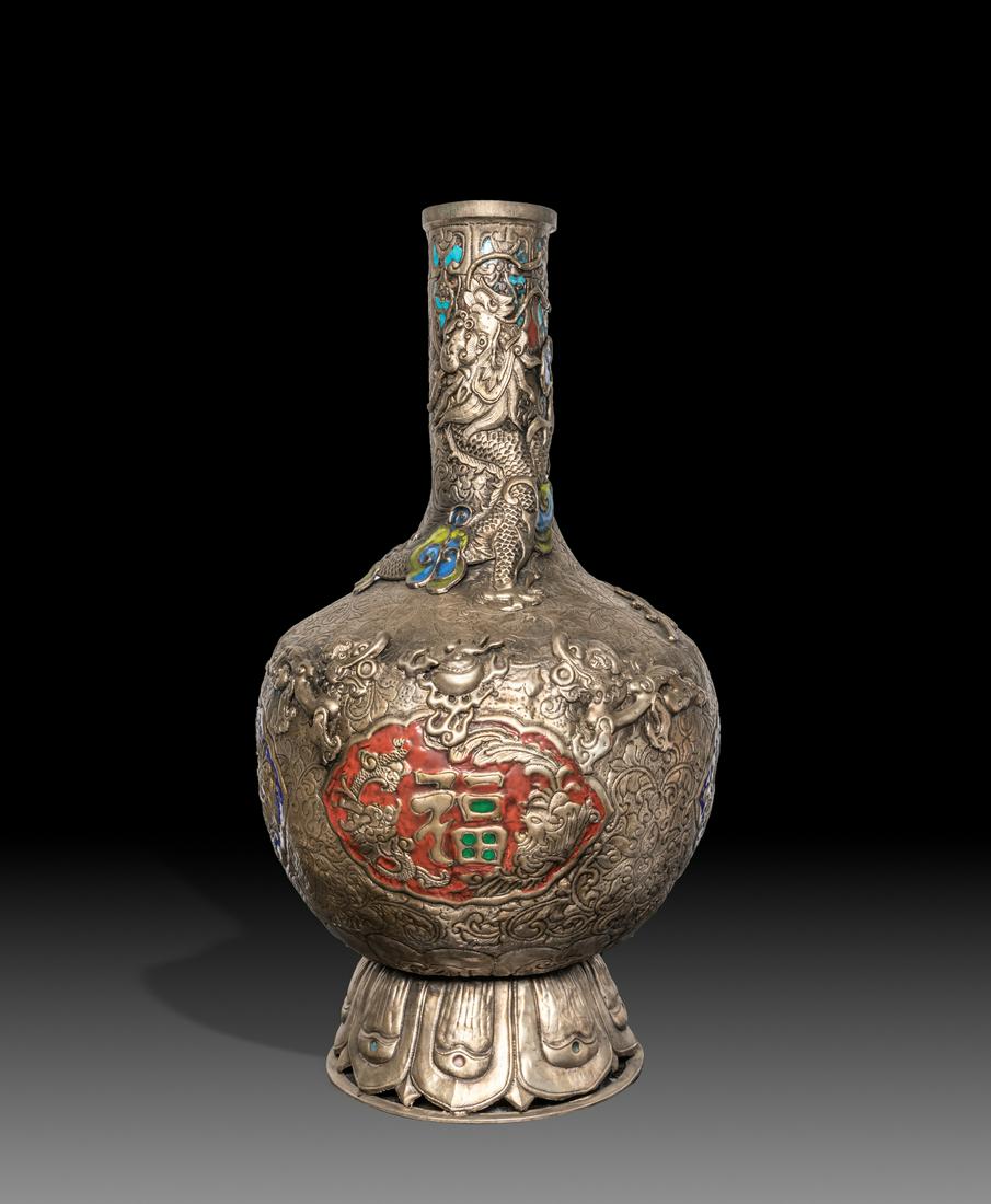 Massive Chinese Silver on Brass Dragon Vase (1 of 10)