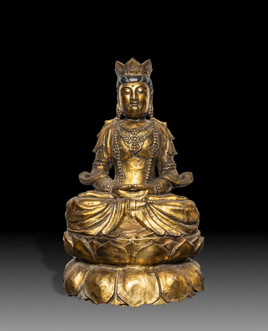 Large Korean Temple Used Wood Buddha: The Buddha carved seated in vajraparyankasana on a double lotus base, the hands in dhyana mudra, his serene face set in a meditative expression, framed with long pendulous earlobes and beaded jewelry.