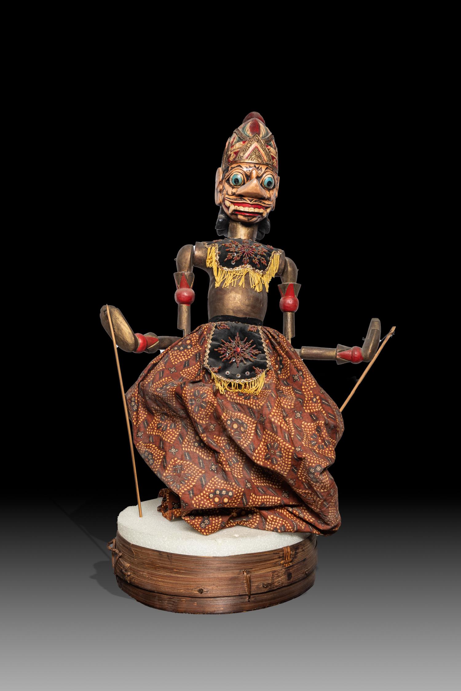 Antique Thai Ramayana Warrior Folk Doll: Rare Thai Ramayana folk mythical warrior doll, with rotatable joints and exaggerated face, supported on a circular base. Approx. 30.5inch H, 12.5inch W.