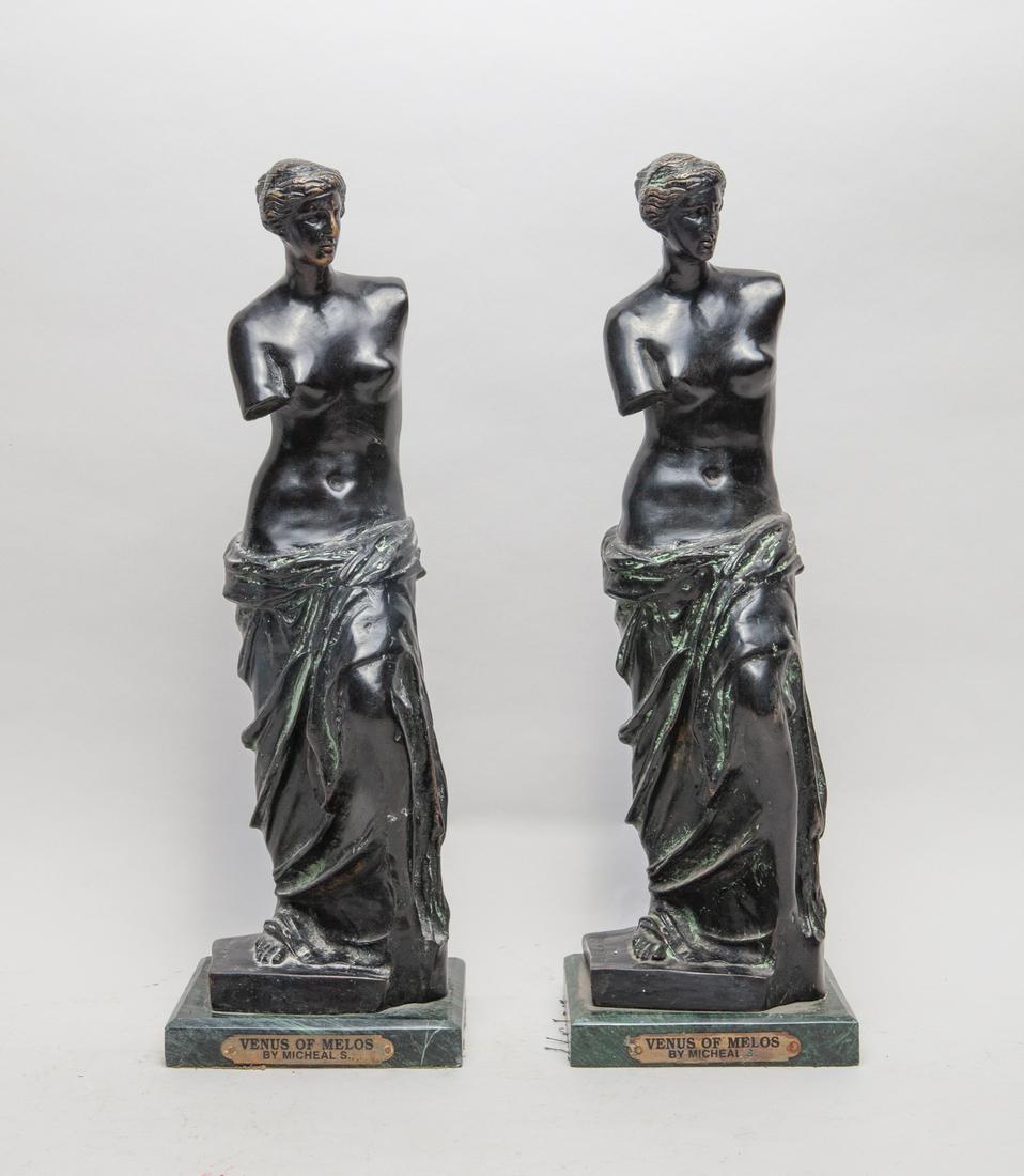 Two Bronze Sculpture, Venus of Melos: Two reproduction bronze sculptures of Venus of Melos by Michael, with marble stand. 16.6inch H, 5.5inch L, 4.3inch W (larger).