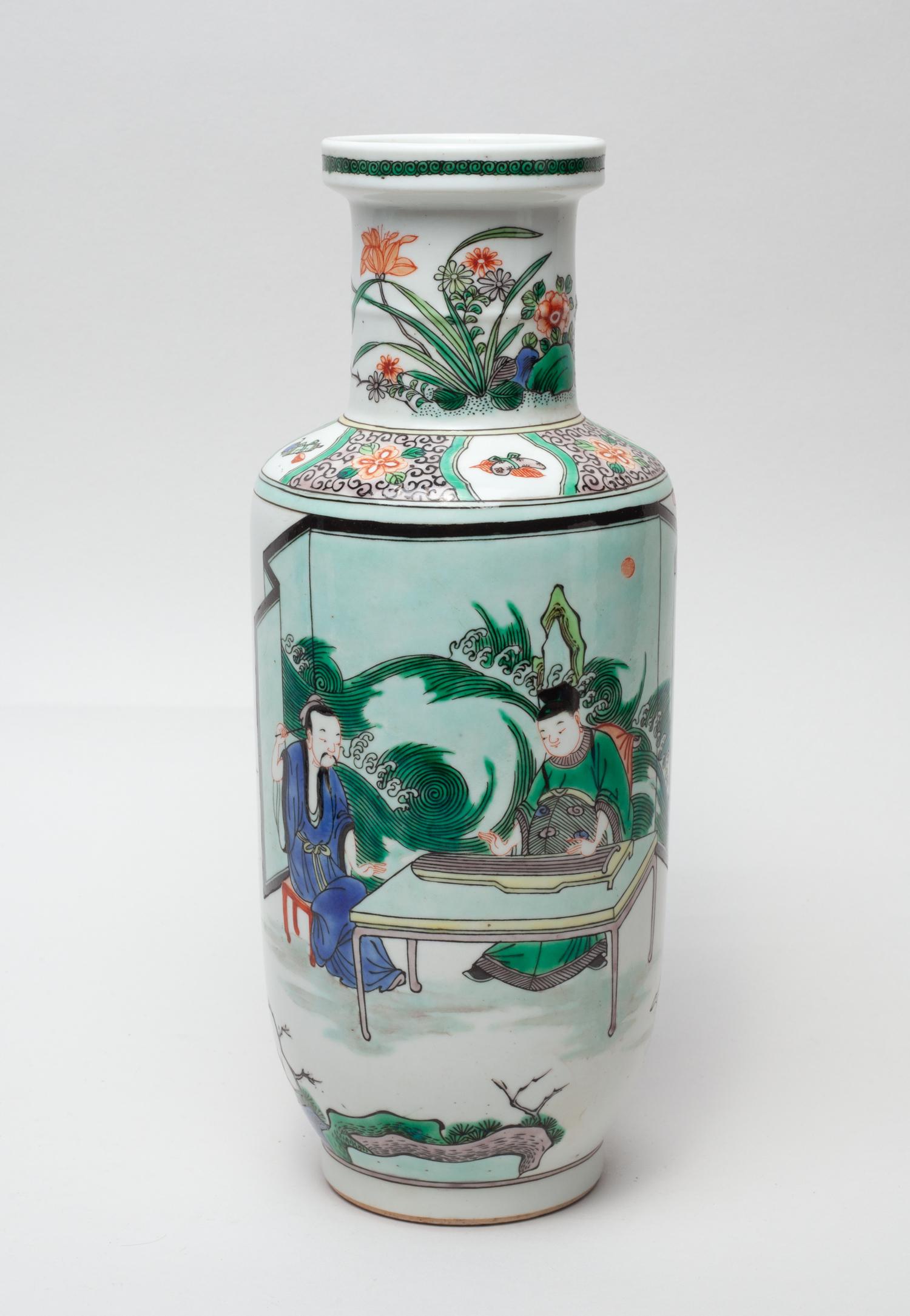 Chinese Wuchai Porcelain Vase: The baluster body rising from a short foot to a cylindrical neck and everted rim, the exterior painted with a continuous figural scene, the neck with flowers and butterflies and the shoulder with flow