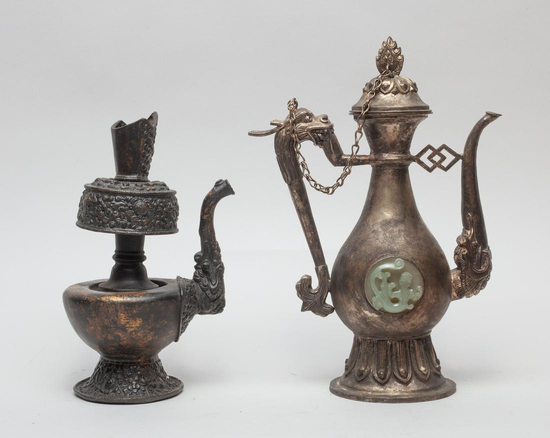 Old Chinese Silver Color & Bronze Pot: Two as a set, including a silver plated pot inlaid jade, beast form, A Chinese Sino-Tibetan temple used water pot. Size Approx: 10.25inch H, 6.75inch L, 2.5 inch W. (largest)