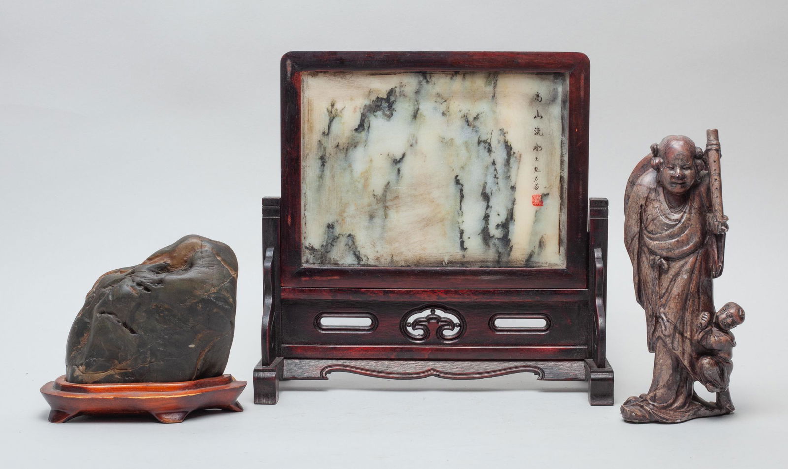 Rare Chinese Marble Table Screen & Sculpture: Three as a set, including a wood table screen inlaid marble. A carved shoushan stone figure, a Chinese scholor stone table sculpture. Size Approx: 9.75inch H, 9.97inch L, 4 inch W. (largest).