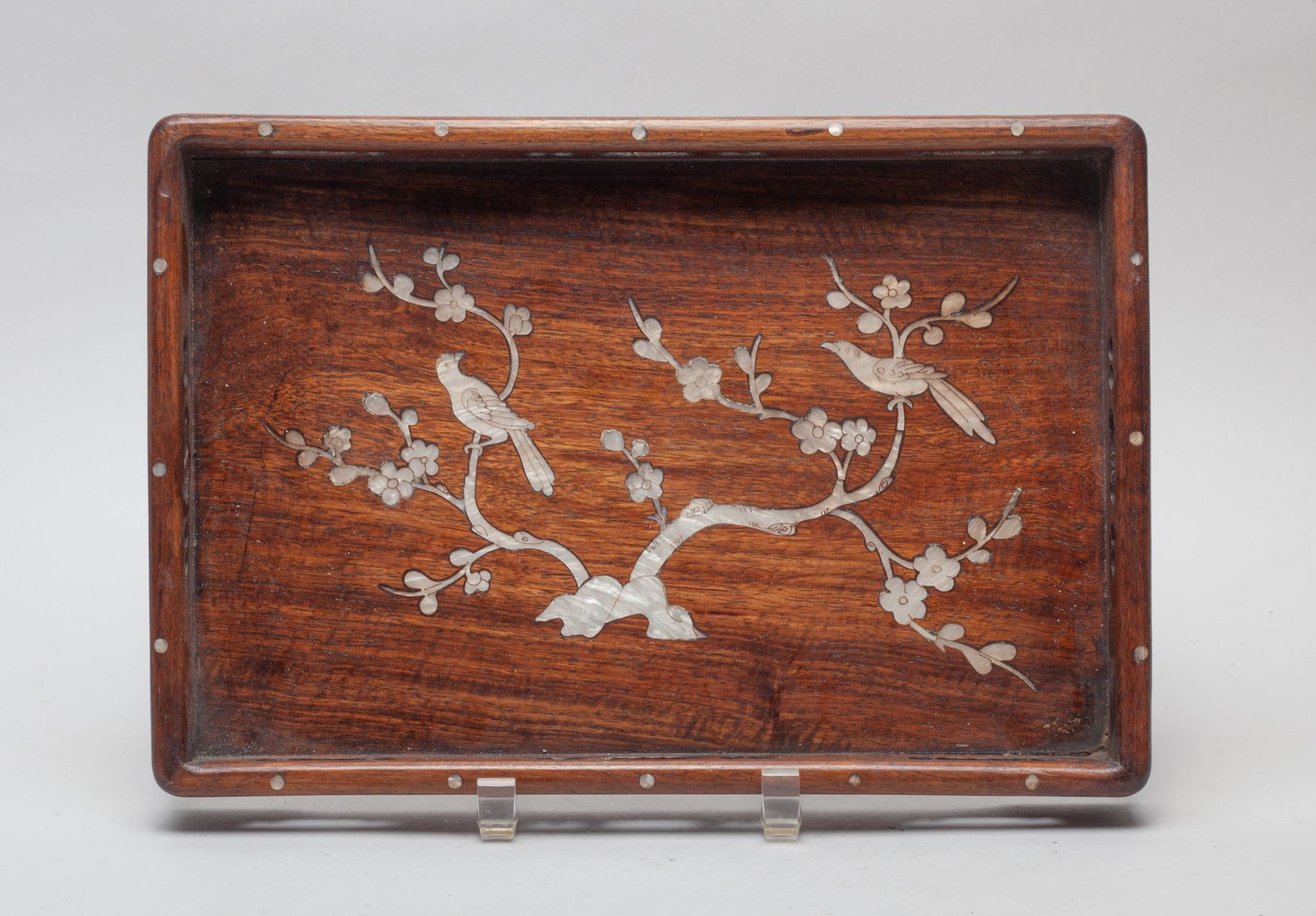 Chinese Hard Wood Tray Inlaid MOP: Chinese carved hard wood tray inlaid MOP. Decorated with flowers, tree & birds. Size Approx.: 12.75inch L, 8.75inch W, 1.5 inch H.