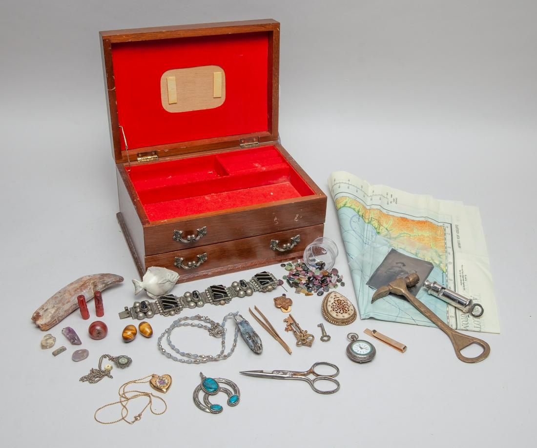 Explorer Jewelry & Tool Box: Including brooches, carvings, gemstone pebbles, necklaces, tools and decors, with a box. 9.5inch L, 7inch W, 4.5inch H (box size).