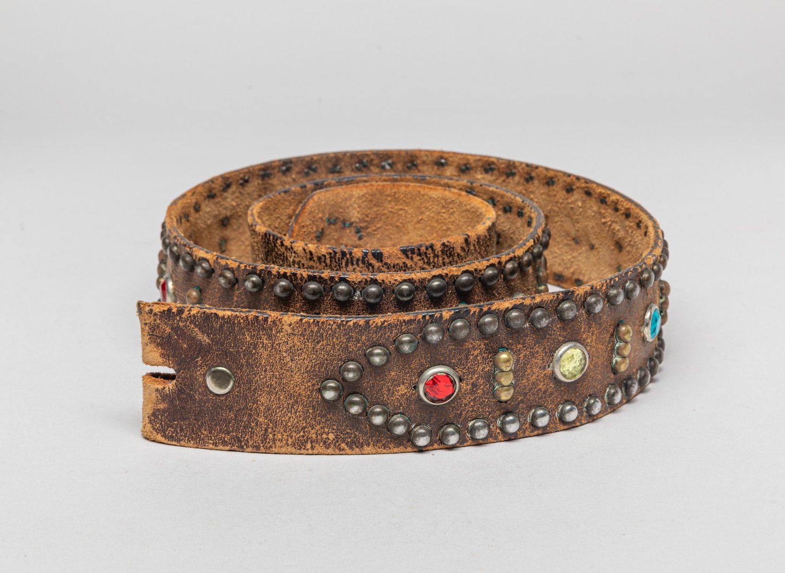 English Victoria Type Belt: Special Victoria type leather belt with raised brass bosses and glass beads in various colors. 41.5inch L.