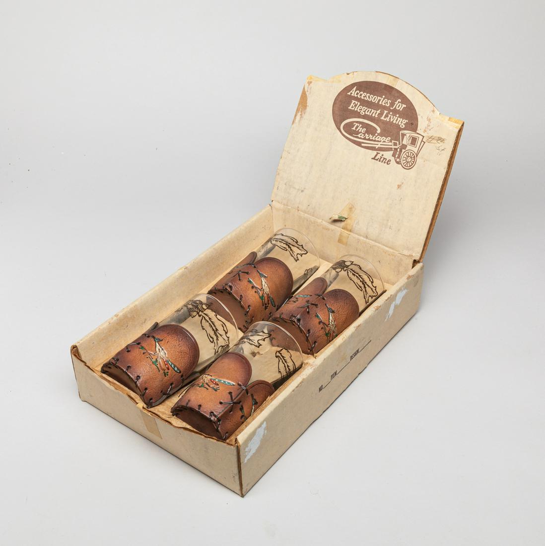 Vintage Wine Cup w/ Leather Base: Set of four vintage glass wine cups with leather cases carved with birds. 5.1inch H, 2.7inch W (cup size).