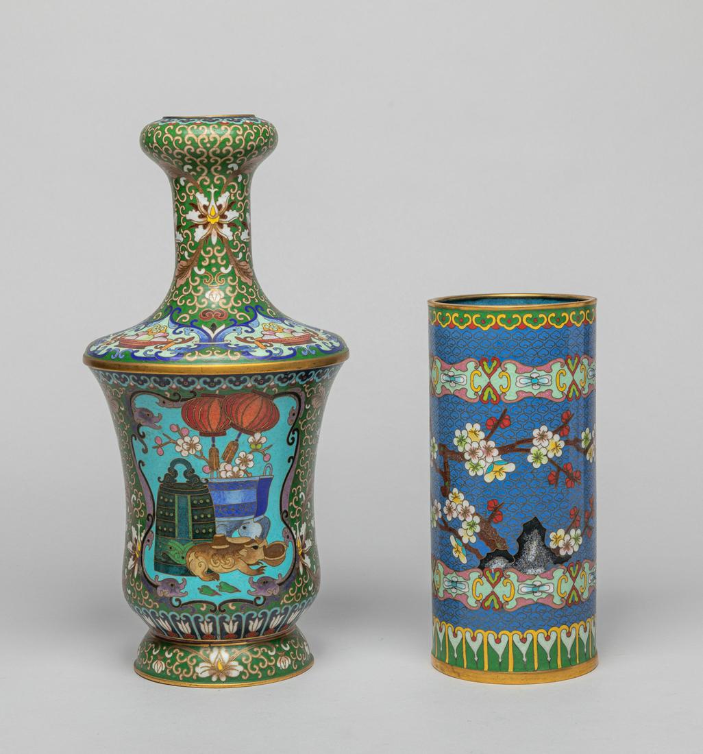 Collectible Chinese Cloisonne Vases: Including a vase and a brush pot, the brush pot decorated with plum blossoms on a cloud ground, the vase with cartouche of bogu motif on a green ground suffused with lotus scrolls. 12.1inch H, 5.8inch