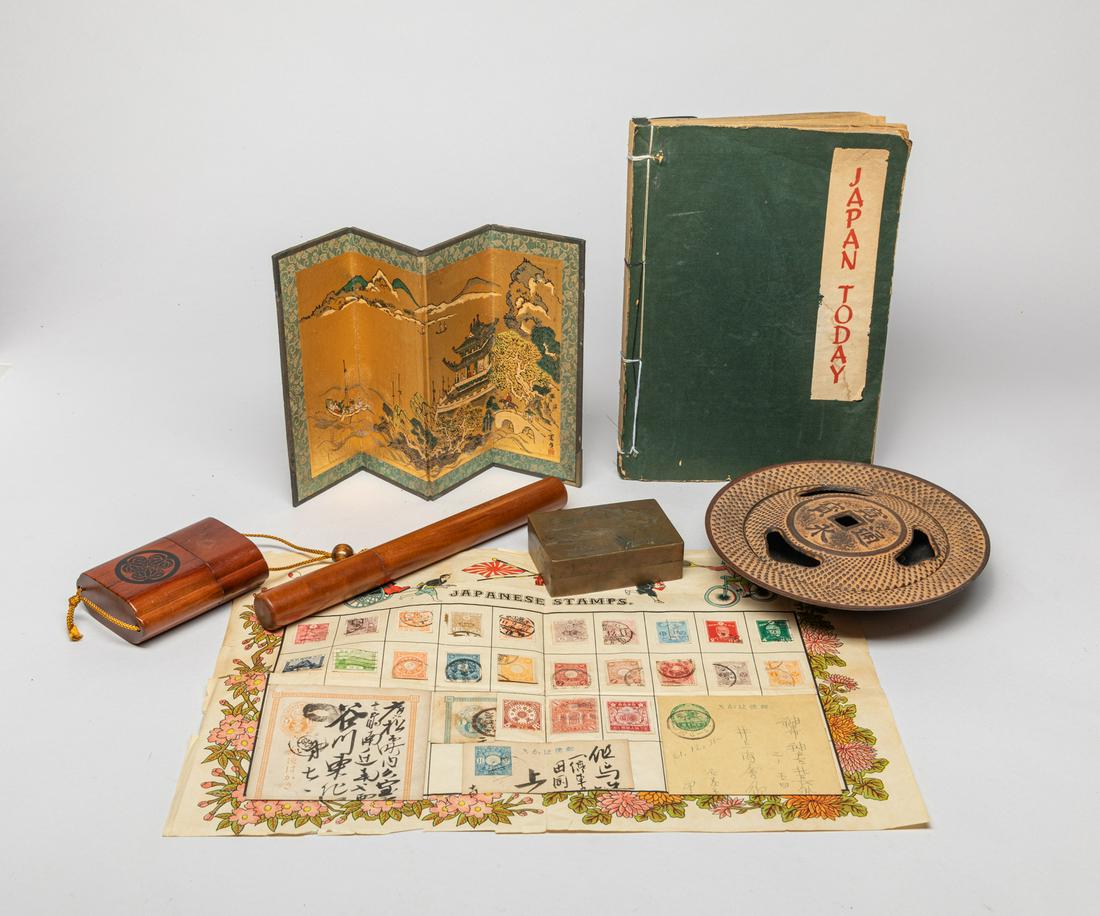 Vintage Japanese Art Pieces: Including a netsuke, a covered bowl, an ink box, a book, a table screen and stamps. 9.9inch L, 7inch W (book size).