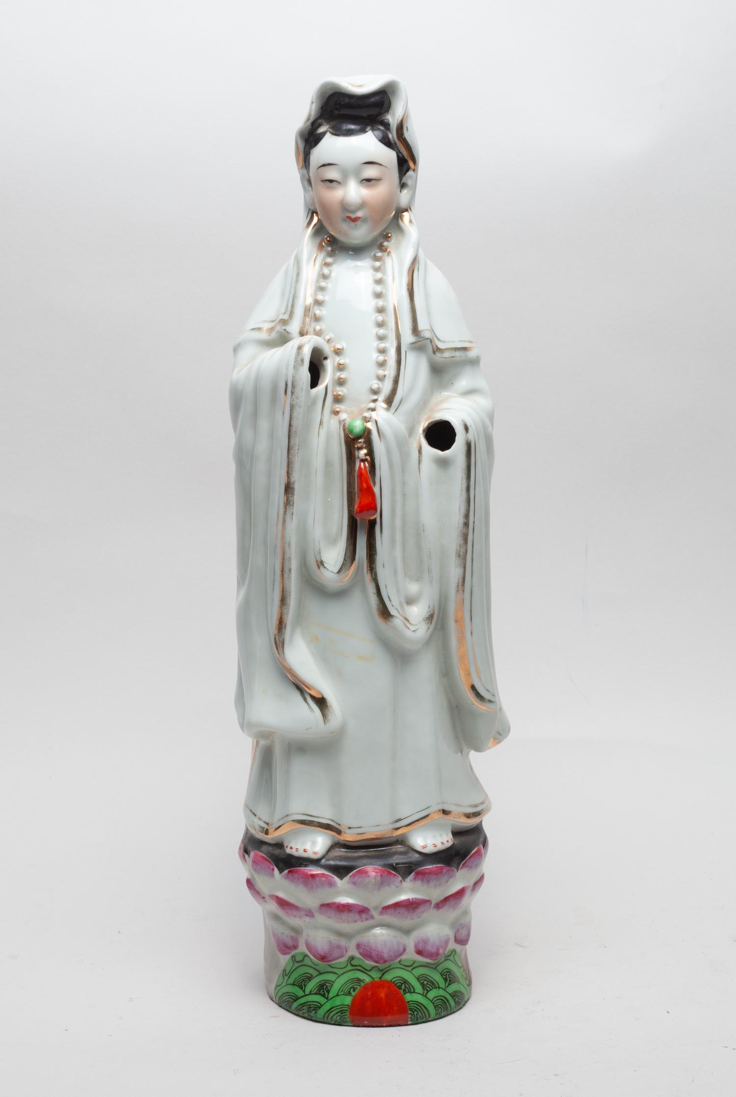 Chinese Glazed Porcelain Tall Kuanyin: Chinese glazed porcelain figure of Kuanyin, the figure stand on lotus base, famille rose and hands missed. Seal mark. Size Approx.: 16 inch H; 4.25 inch W.