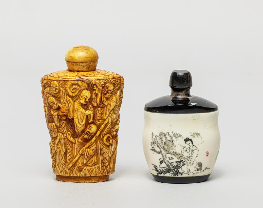 Two Chinese Bone Like Carved Snuff Bottles: One of tapered rectangular form carved around the exterior with Buddha in various activities, the other incised with a lady under willow tree to one side and landscape to the reverse, either with a ma