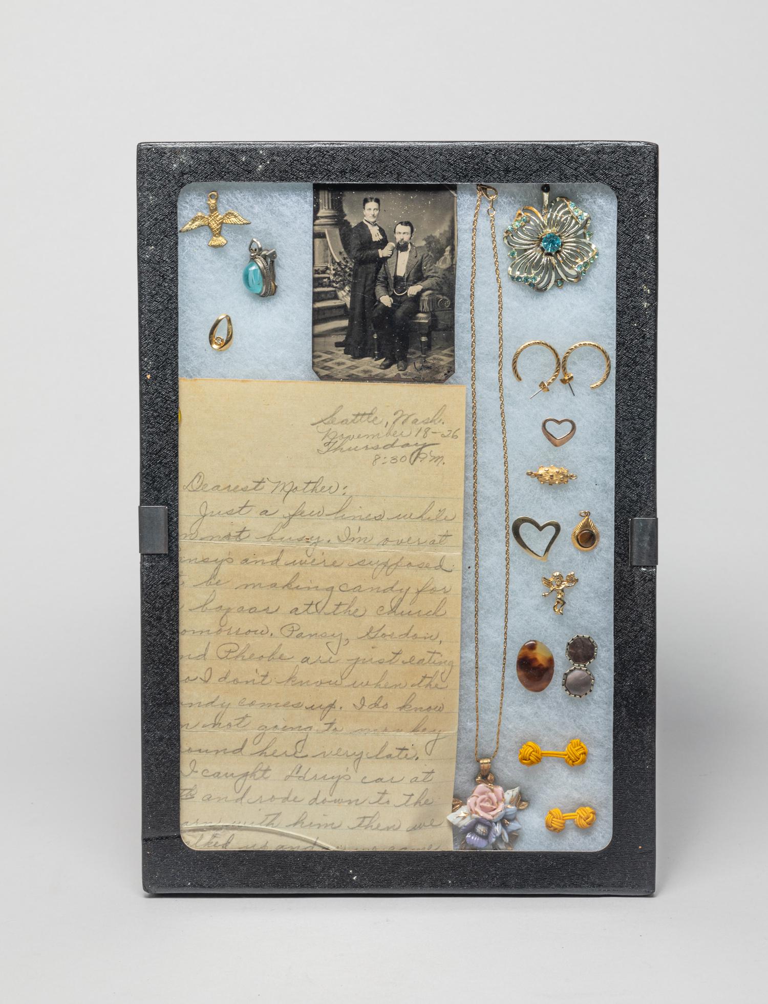Gold Filled Jewelry & Tin-type Photo: Including a tintype photo, an old letter, a necklace, earrings, pendants and decors, with case. 12inch L, 8.1inch W (case size).