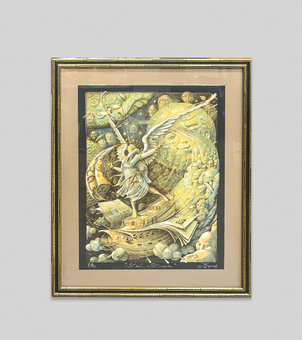 Tudor Banus, Leda Lunatica: Limited edition framed hanging lithograph, stamped 1/50 Leda Lunatica Banus. 32.8inch H, 26.8inch W (w/ frame).