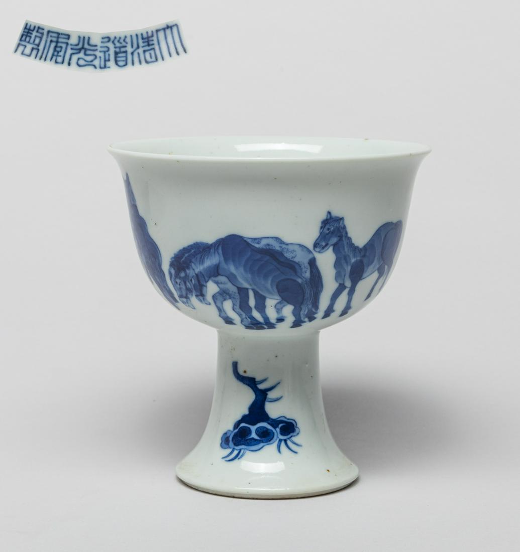 Chinese Porcelain Large Cup: The cup exterior painted with horses in various poses, the interior centre and the foot with lingzhi, marked with six characters on the base. 5inch H, 4.8inch W.