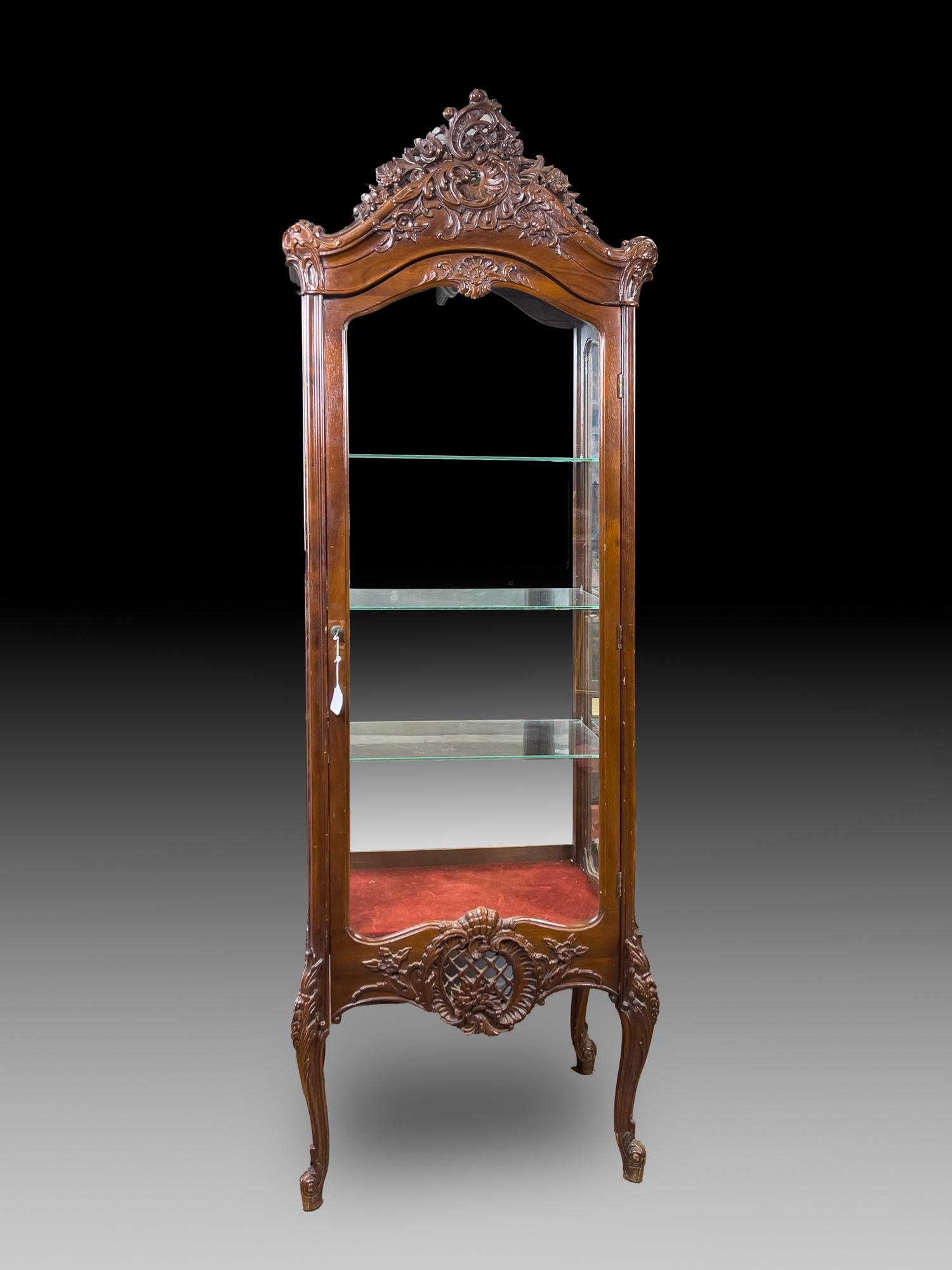 English Type Carved Wood Display Cabinet: Tall collectible carved wood display cabinet. 24inch L, 13inch W, 71 inch H.