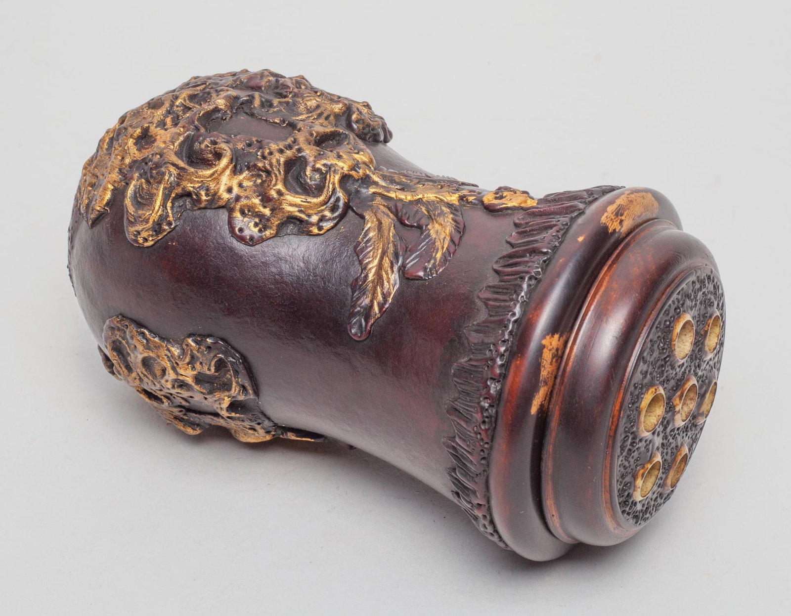 Chinese Gourd Form Grasshopper Case: Of gourd form, the body carved in raised relief with plantain leaves and flowers issuing from rockwork, the bottom inscribed with a seal mark. 5.6inch H, 3.15inch W.