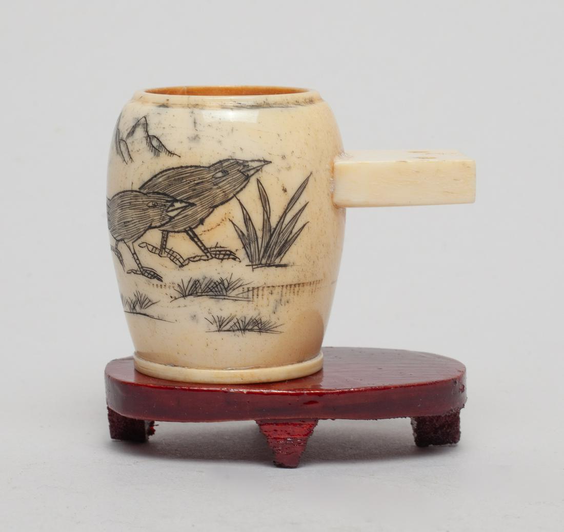 Chinese Carved Bird Feeding Jar: Chinese carved bird feeding jar. Size Approx.: 1.5 inch H.