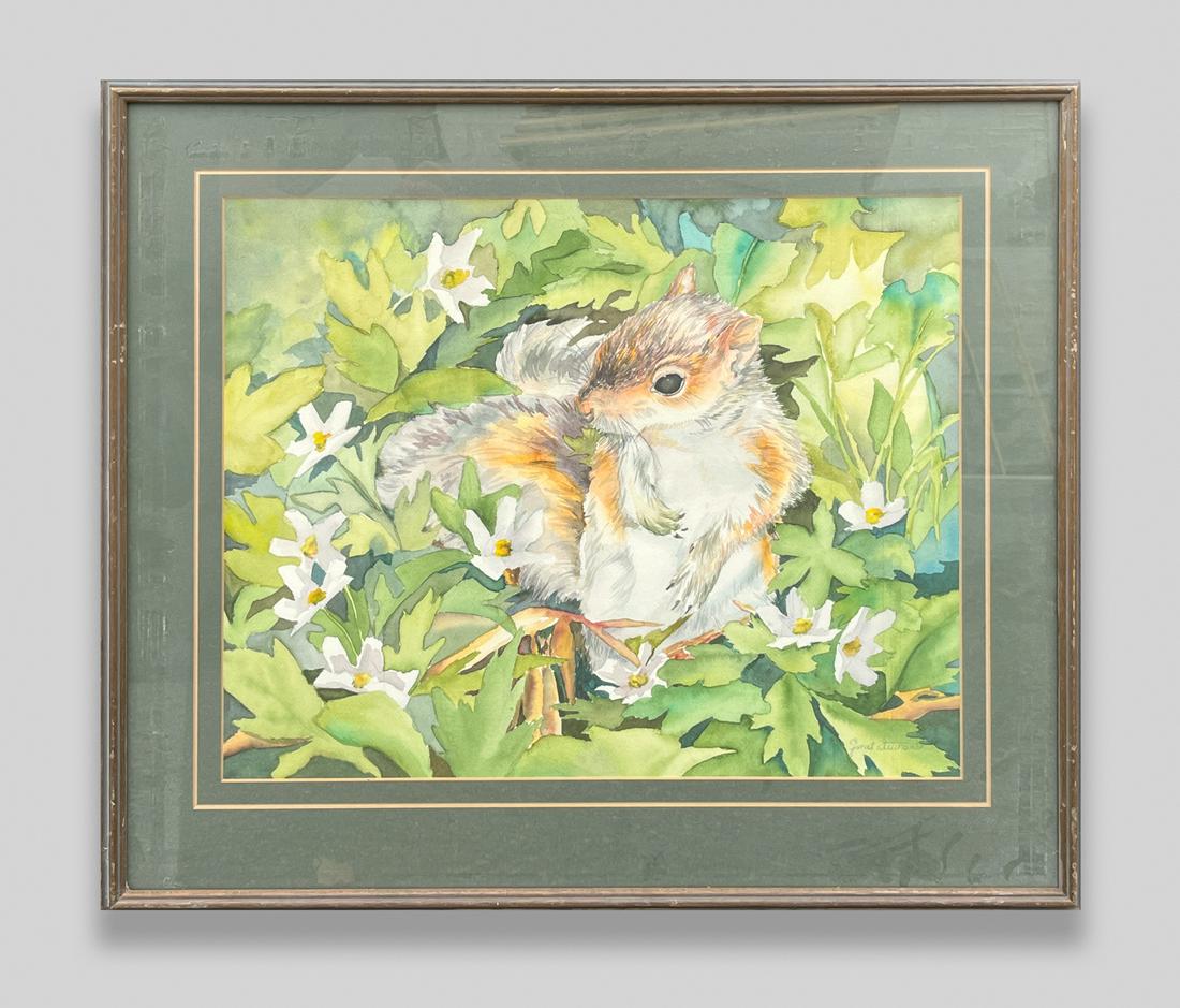 Janet Stewart Water Color Painting of Squirrel: Collectible water color painting of Squirrel, Signed by Janet Stewart. Size Approx.: 26-22.75 inch.