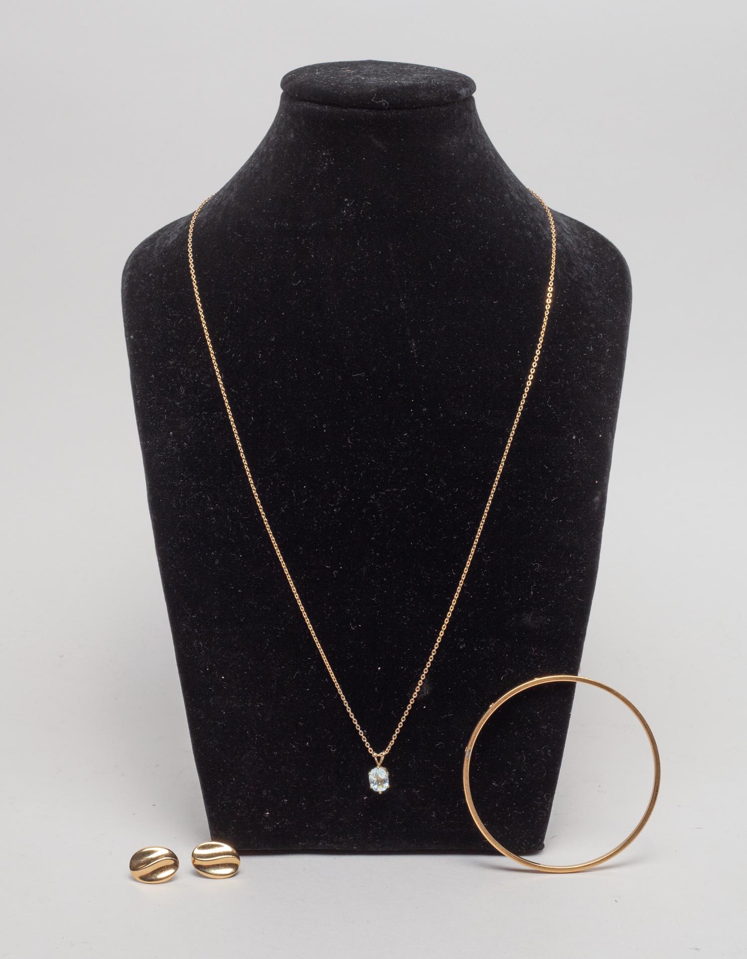 Gold Filled Gemstone Jewelry Sets: Including a bangle, a chain necklace with a gemstone pendant, and a pair of Trifari earrings. 24inch L (neck lace size).