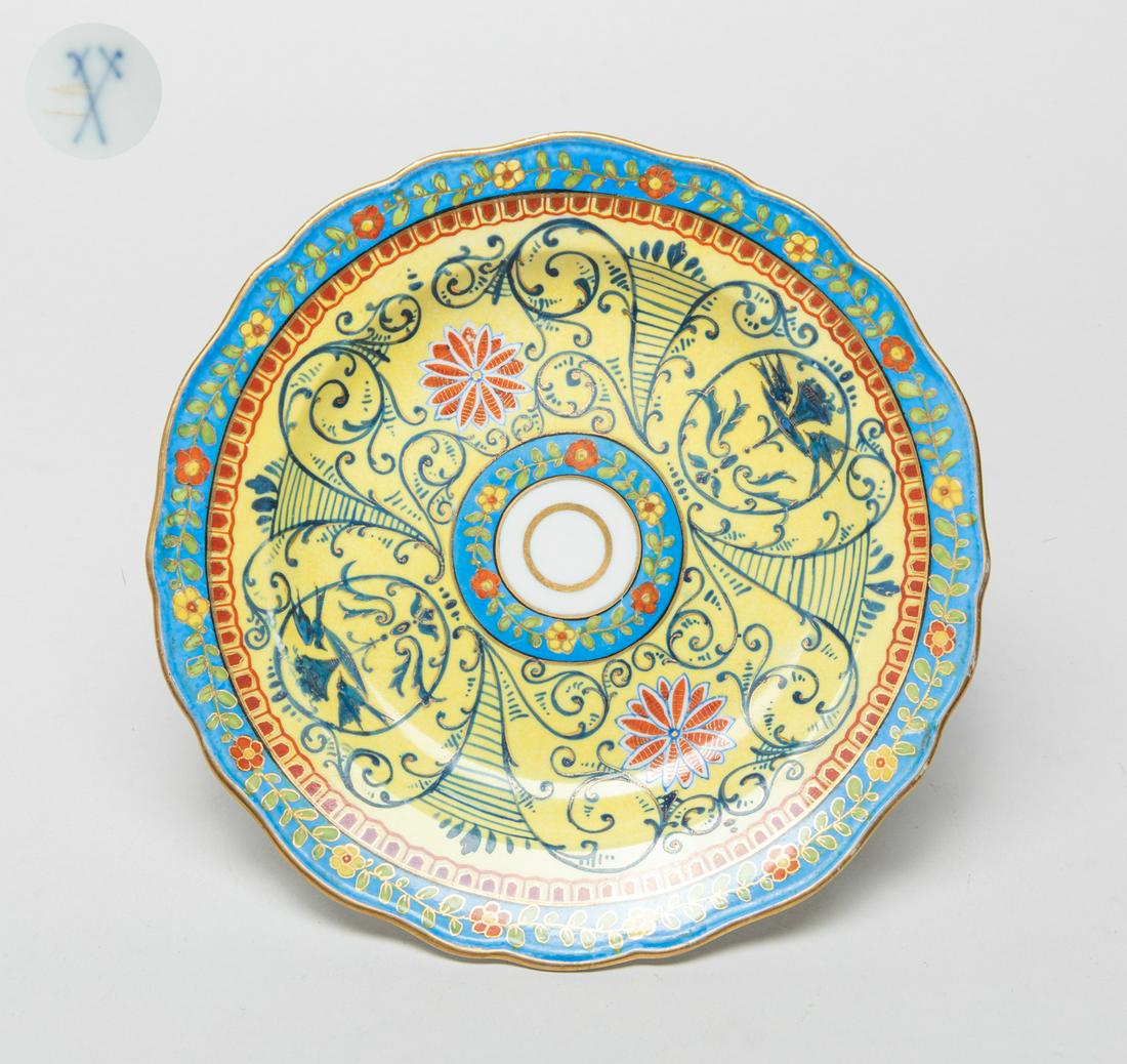Special Meissen Enameled Porcelain Plate: Collectible Meissen porcelain plate enameled with foliage on yellow ground. 7.6inch W.