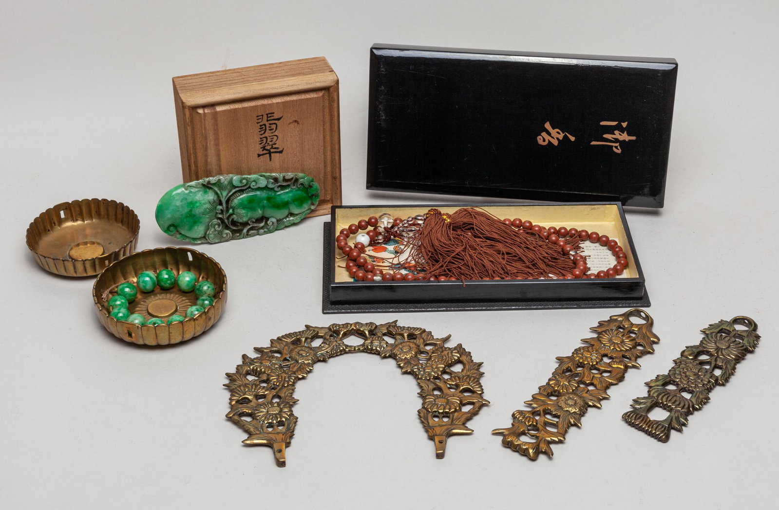 Chinese/ Japanese Jade, Stone, Beads: Including prayer beads, jade/stone beads and carving, metal decors and ashtrays. 8inch L, 6inch W (largest).