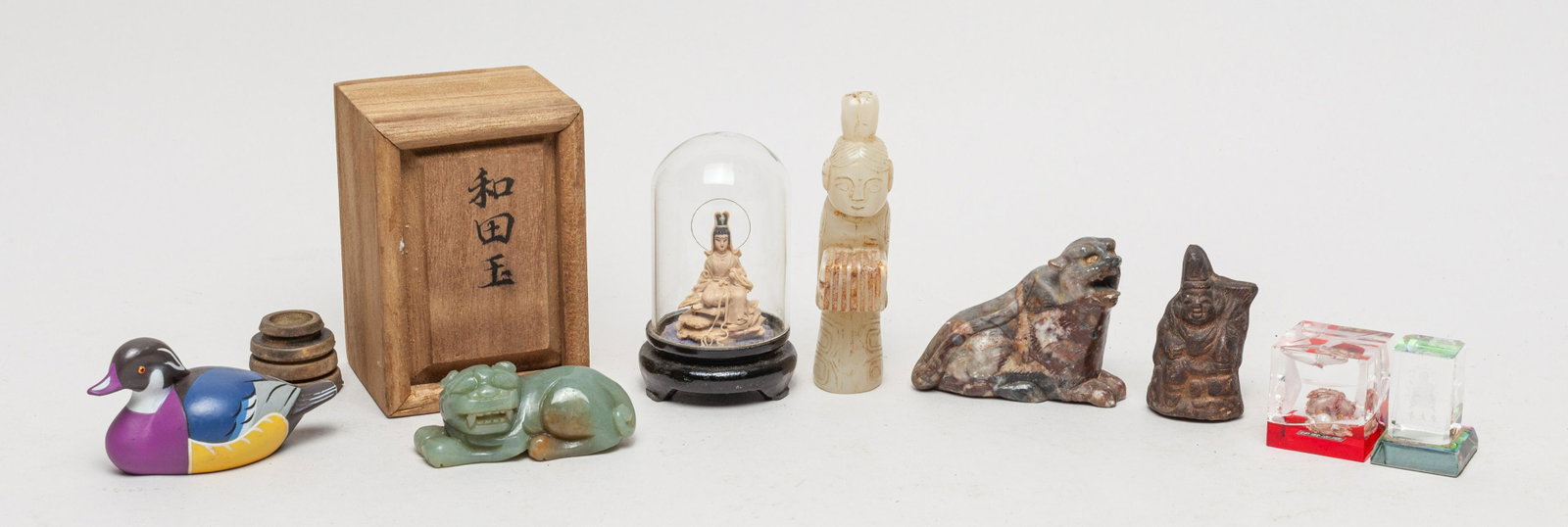 Estate Chinese Jade & Decors: Including carved figure sculpture, beast and bird sculptures, and glass decors. 4.1inch H, 1.5inch W (largest).