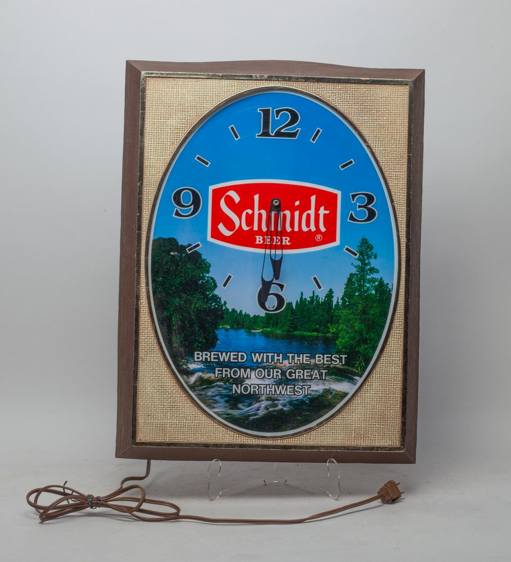 Vintage Schmidt Sign Clock: Vintage Schmidt decor sign clock. Approx. 15-20 inch.