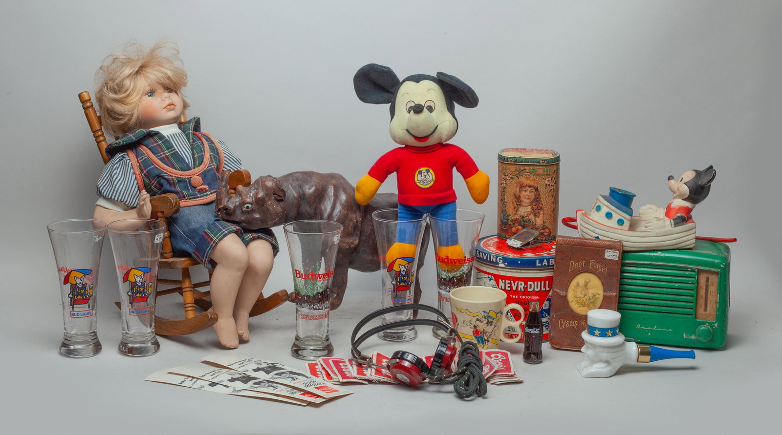 Estate Toys & House Decors: Including toys, mugs, a rhino sculpture and house decors. Approx. 15.5-10-10inch (largest).