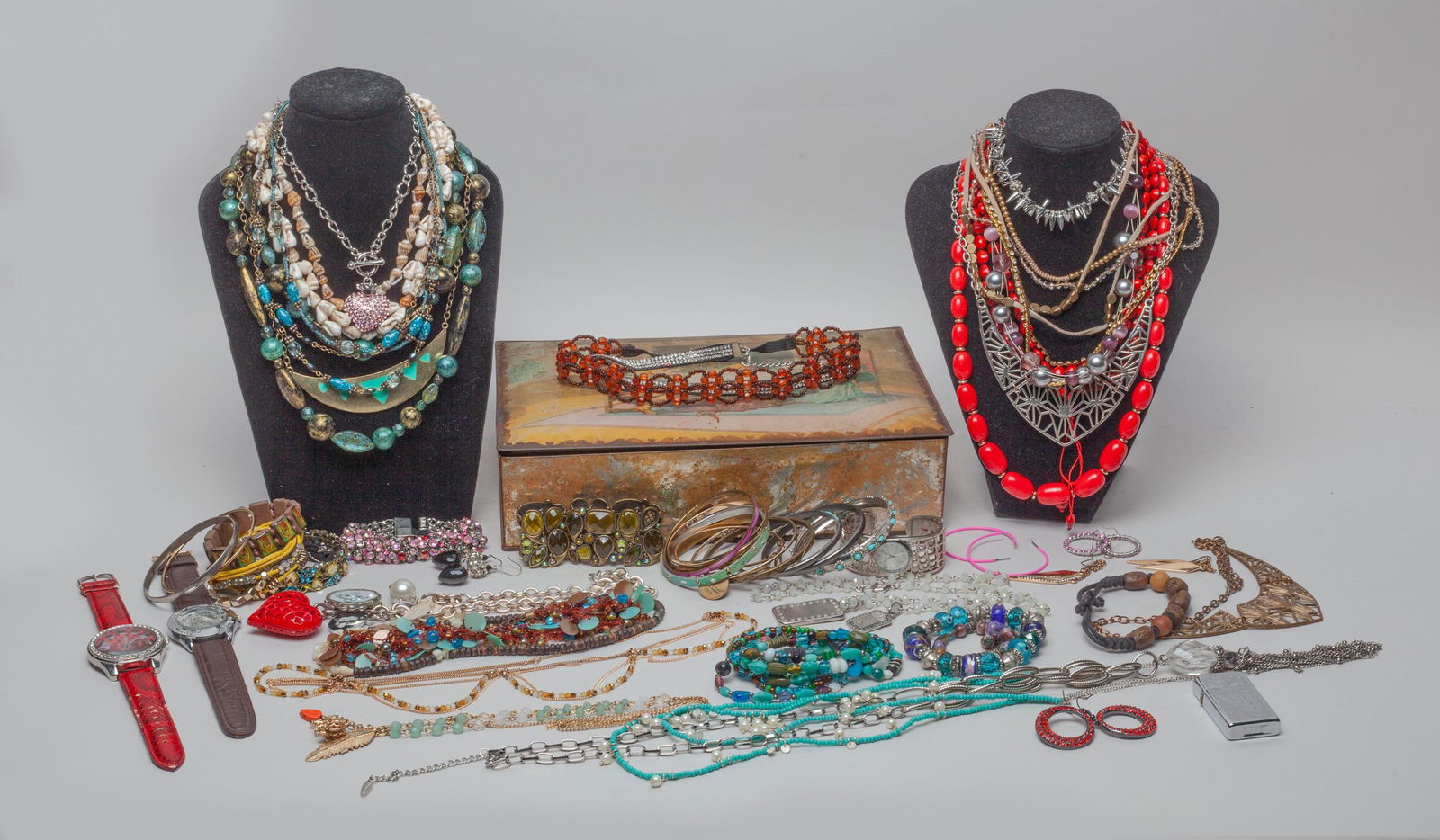 Estate Costume Jewelry Sets: Including necklaces, bracelets, bangles, earrings, wrist watches and a lighter, with box. 11inch L, 7.6inch W, 2.6inch H (box size).