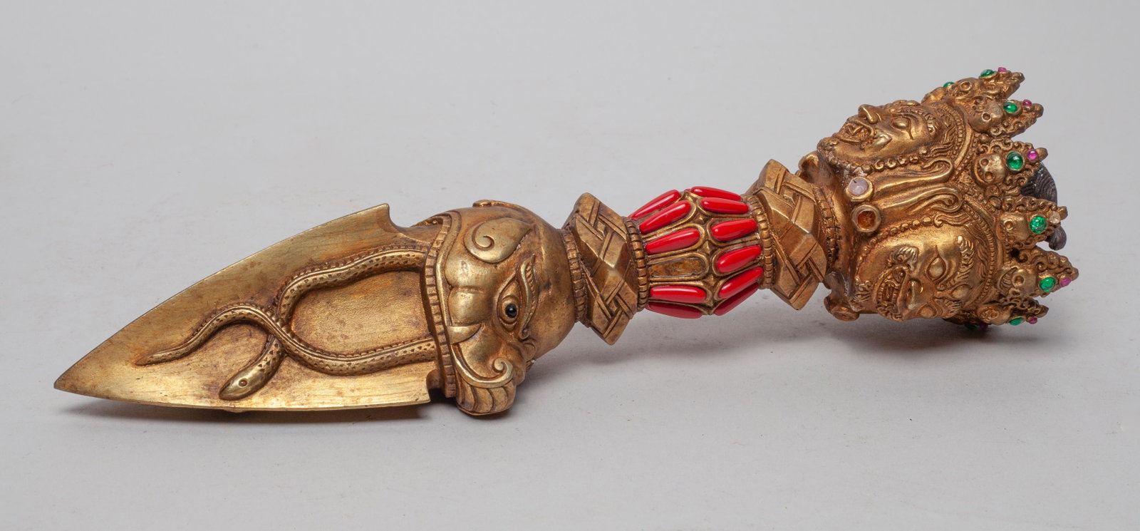 Large Tibetan Bronze Vajra: Collectible large Tibetan golden-colored bronze vajra. 11inch L, 2.8inch W.