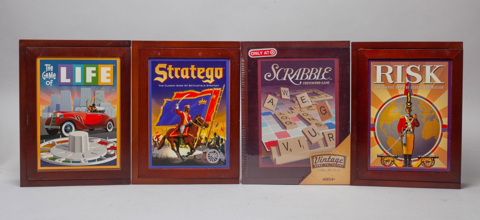 Four Table Game Set: Group of 4 table game sets, including Stratego, Scrabble, Risk, and Life. Size varies.