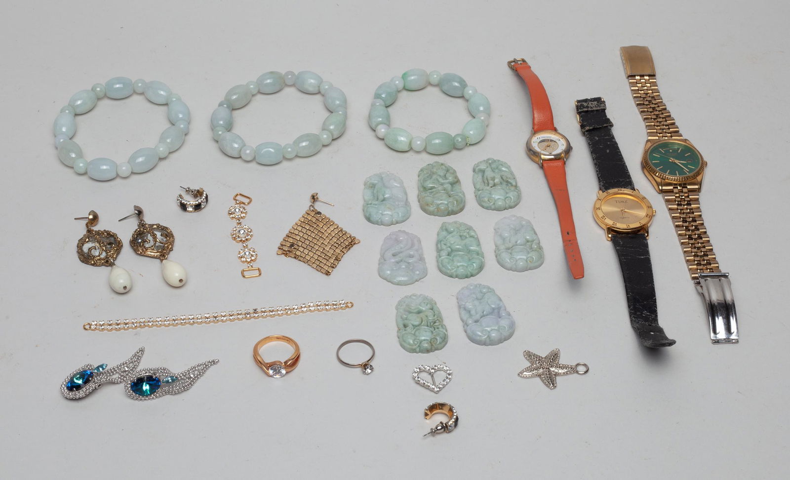 Chinese Jade/Color Stone Carving & Jewelry: Including bead bracelets, watches,carved animal pendants, and costume rings, earrings and pendants. Size varies.