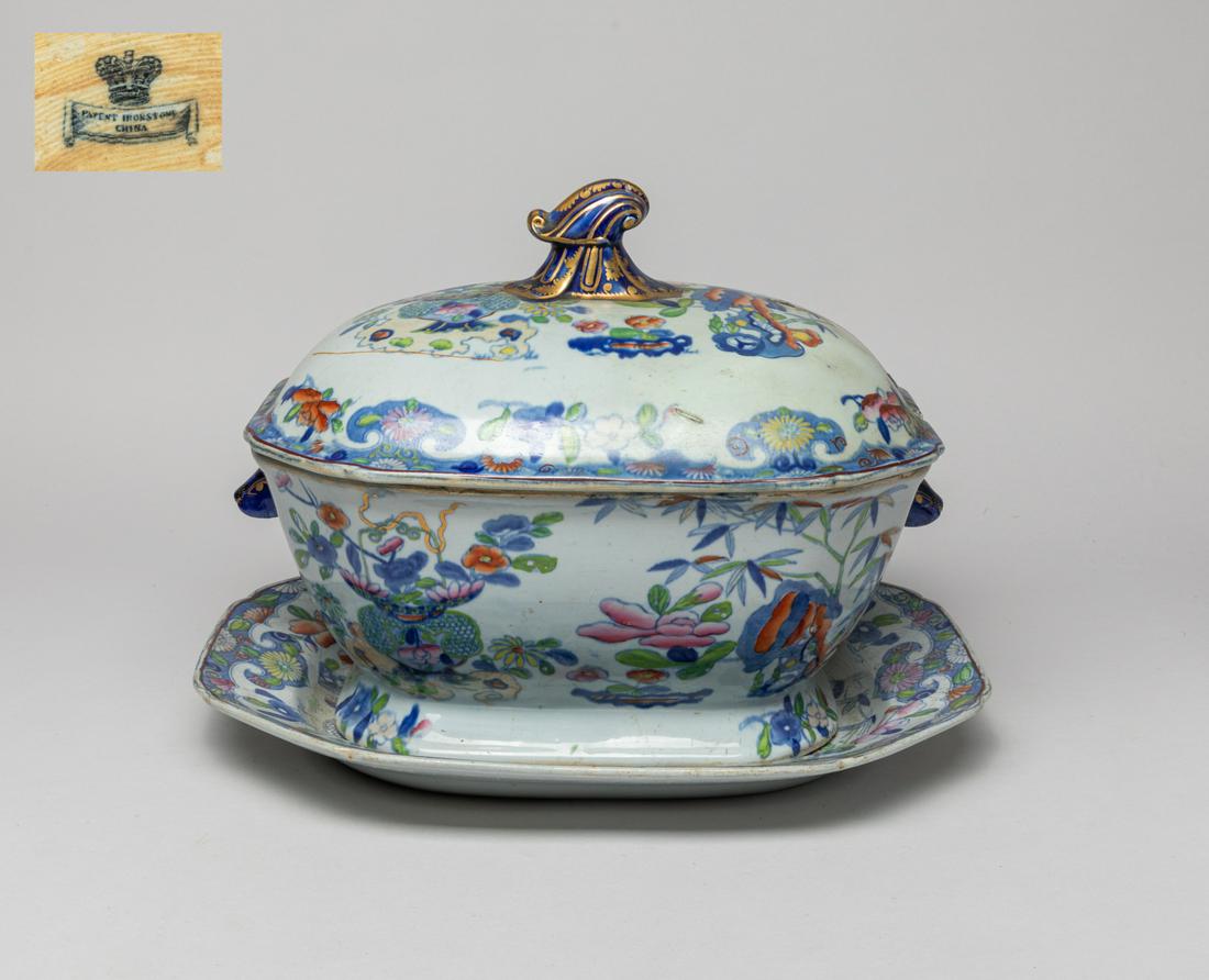 Mason's Patent Ironstone China Sauce Tureen: Rare large size Mason patent ironstone China sauce tureen, cover repaired with nails. Approx.13.5-11.5inch.