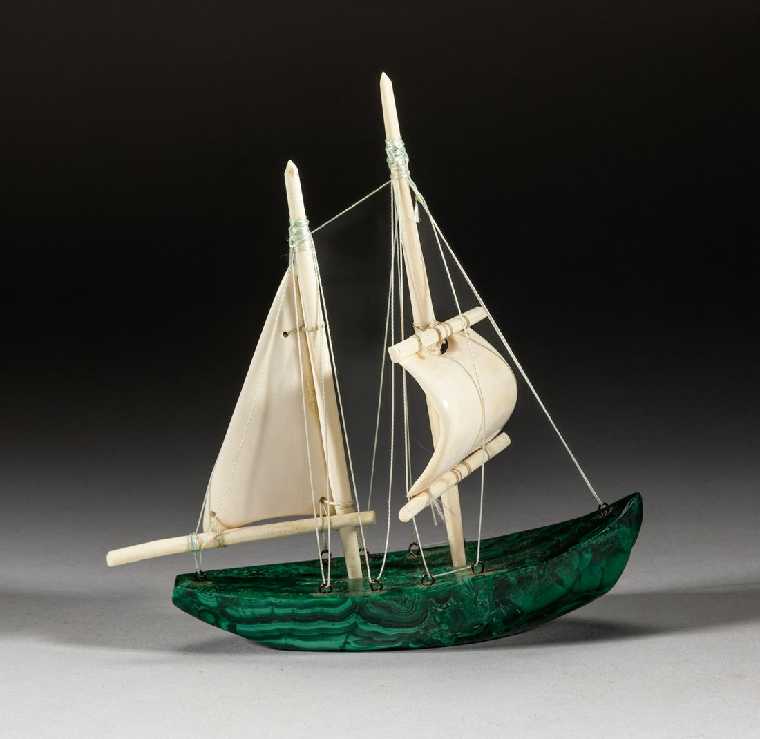France Malachite Sculpture of Boat: Collectible French type malachite and bone carved sailing boat. Approx. 5.7-1.9-6.9 inch.