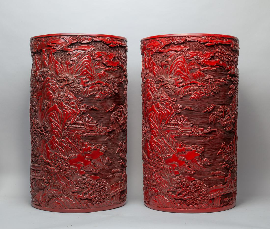 Pair Chinese Large Cinnabar Like Pots (1 of 10)