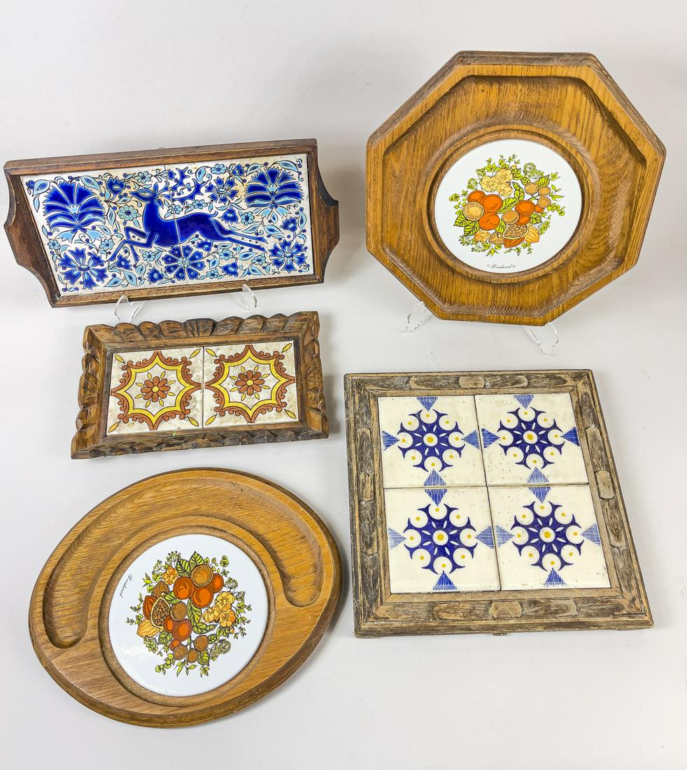 Collectible Vintage Tiles Decor: Group of 5 vintage tile decors, decorated with deer, fruits etc, stands not included. Approx. 11.25-11.25 inch (largest)