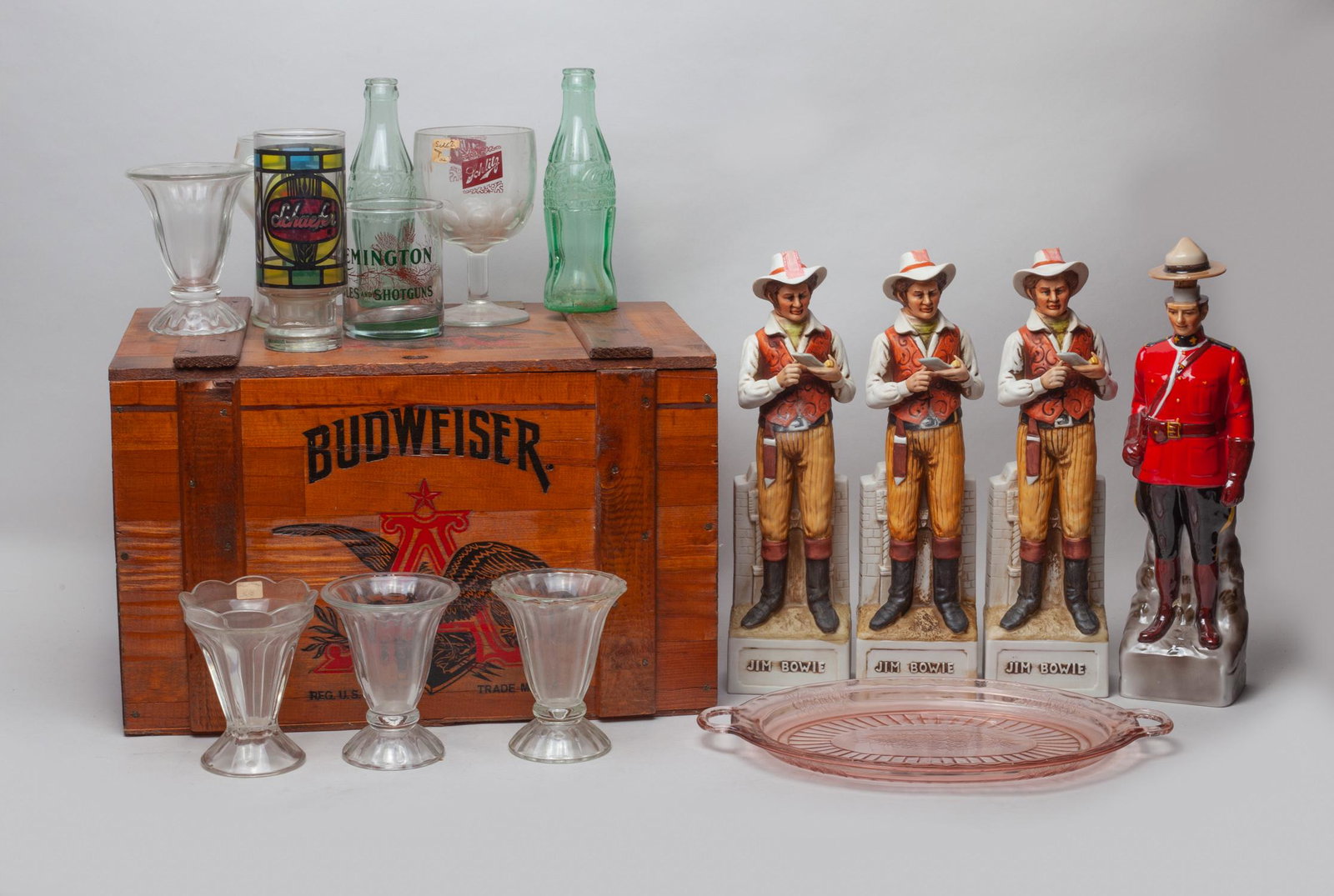 Budweiser Box, Wine Glass & Bottles: Including a Budweiser box, wine glass, whiskey bottles and a glass dish. Approx. 17.7-11.7-11 inch (box size).
