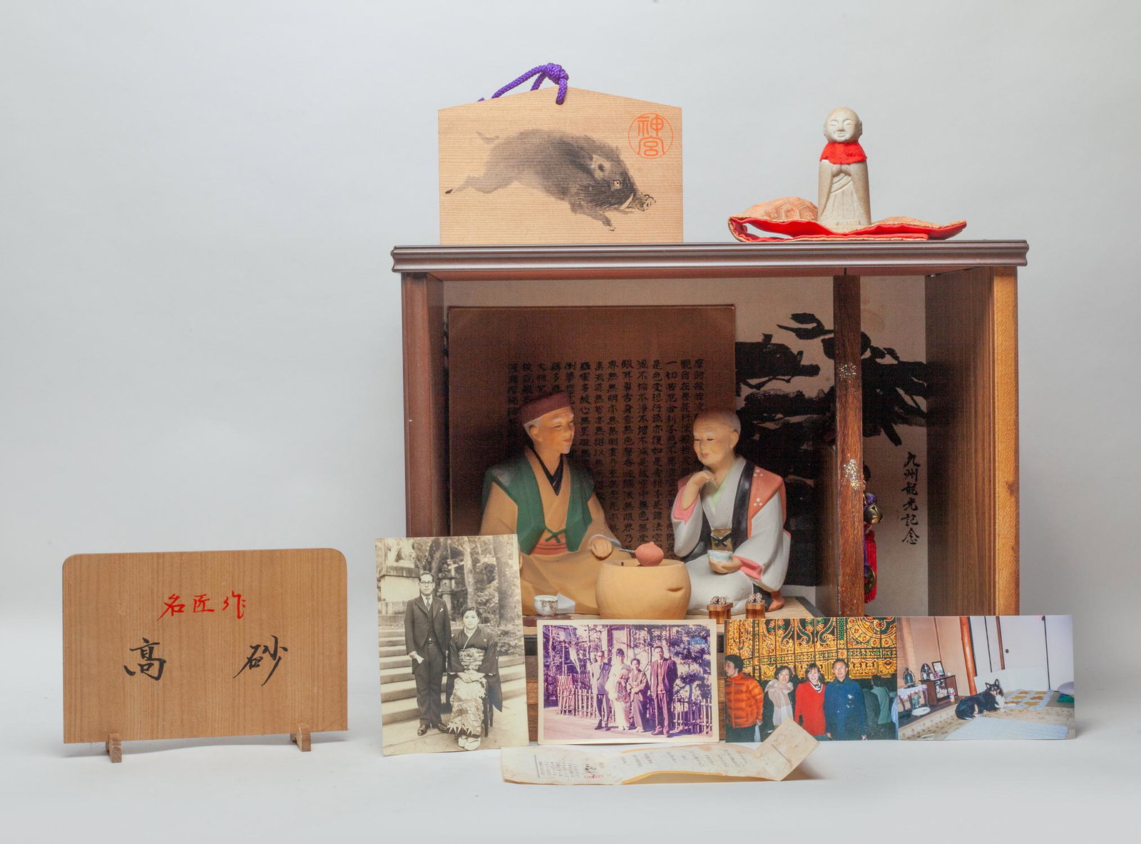 Vintage Chinese Sculptures: Special Japanese clay figure sculptures, with display box. Approx. 17.5-14-11.5 inch (box size).