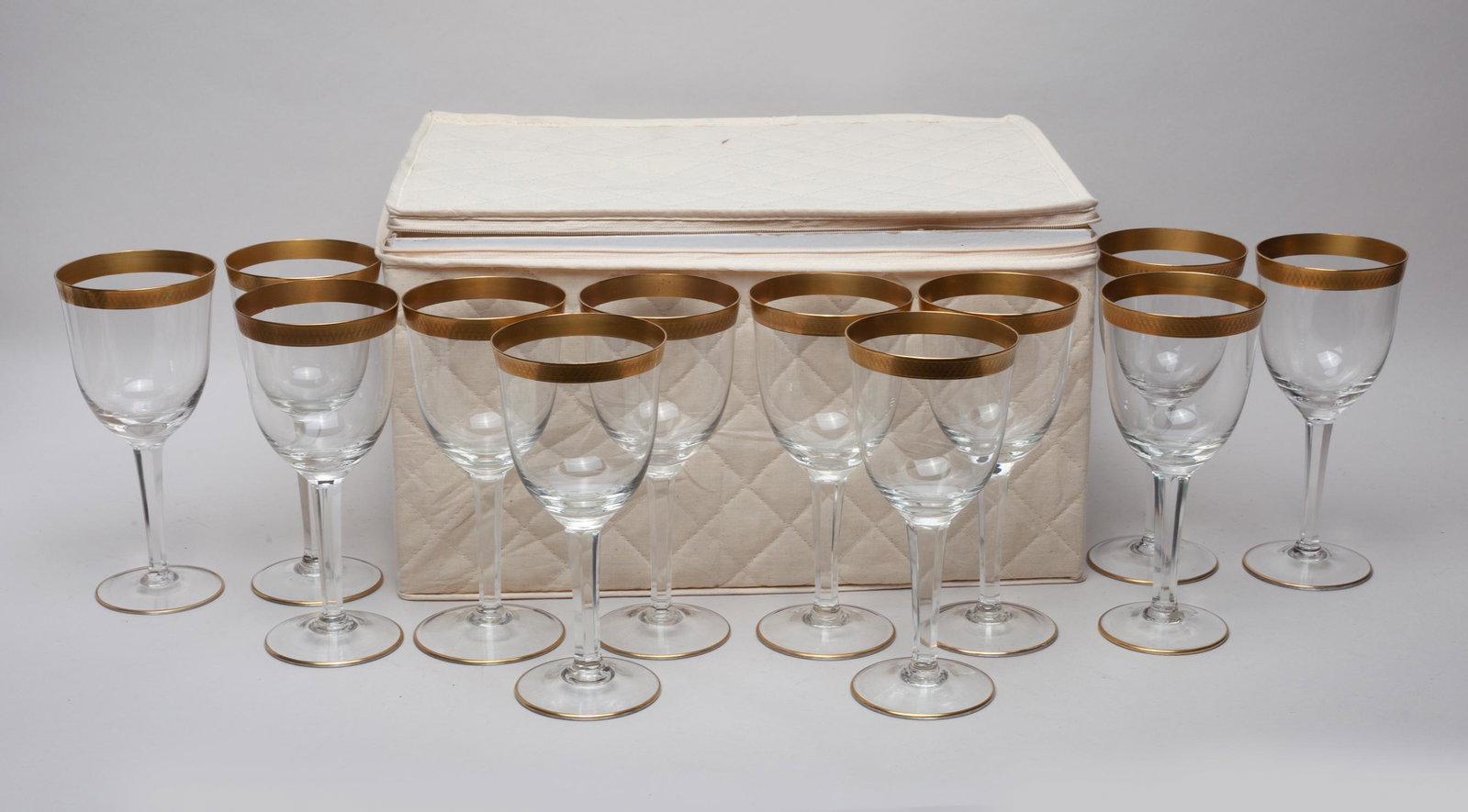 Italian Gold-filled Tall Cups: Set of 12 collectible Italian glass wine cups with gold-filled rim. Approx. 7.5-3.3 inch (each).