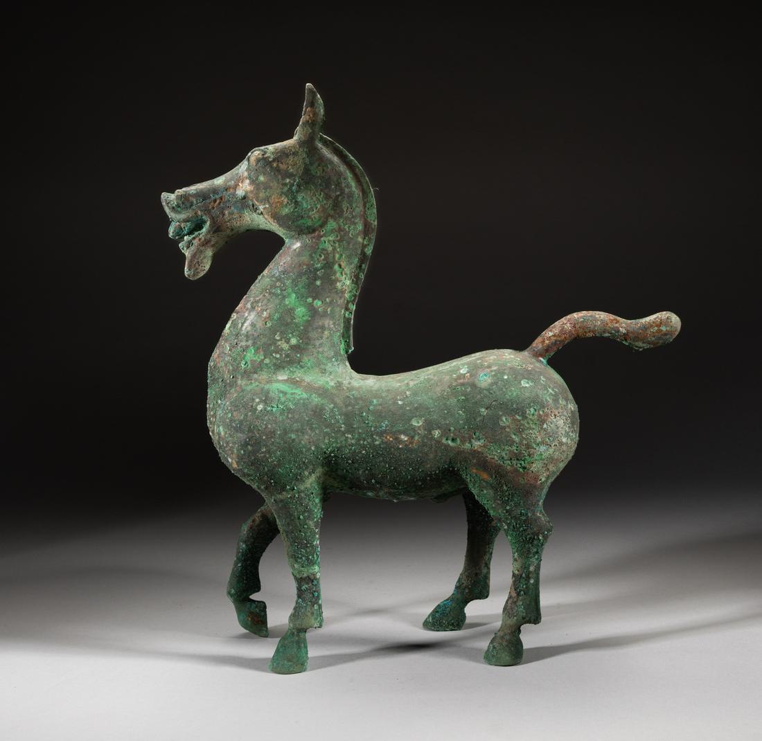 Large Chinese Old Bronze Horse: Cast standing foursquare with front right leg slightly bending, the neck held high with the head directed forward with an alert expression, detailed with bulging eyes, flaring nostrils, upright ears a