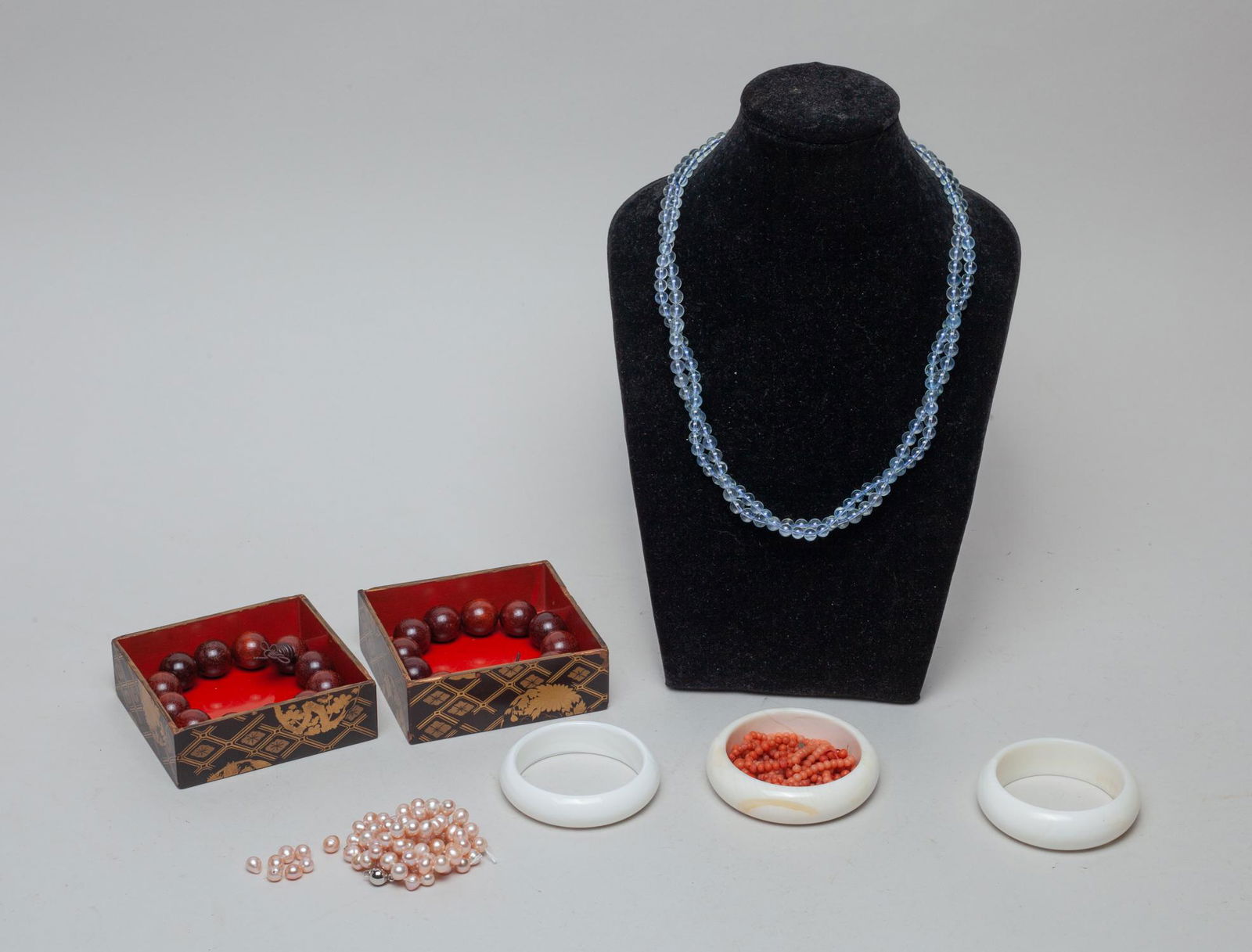 Estate Chinese Jewelry Sets: Including cuff bangles, bead bracelets and necklaces, and a case. Approx. 20inch L (largest necklace).